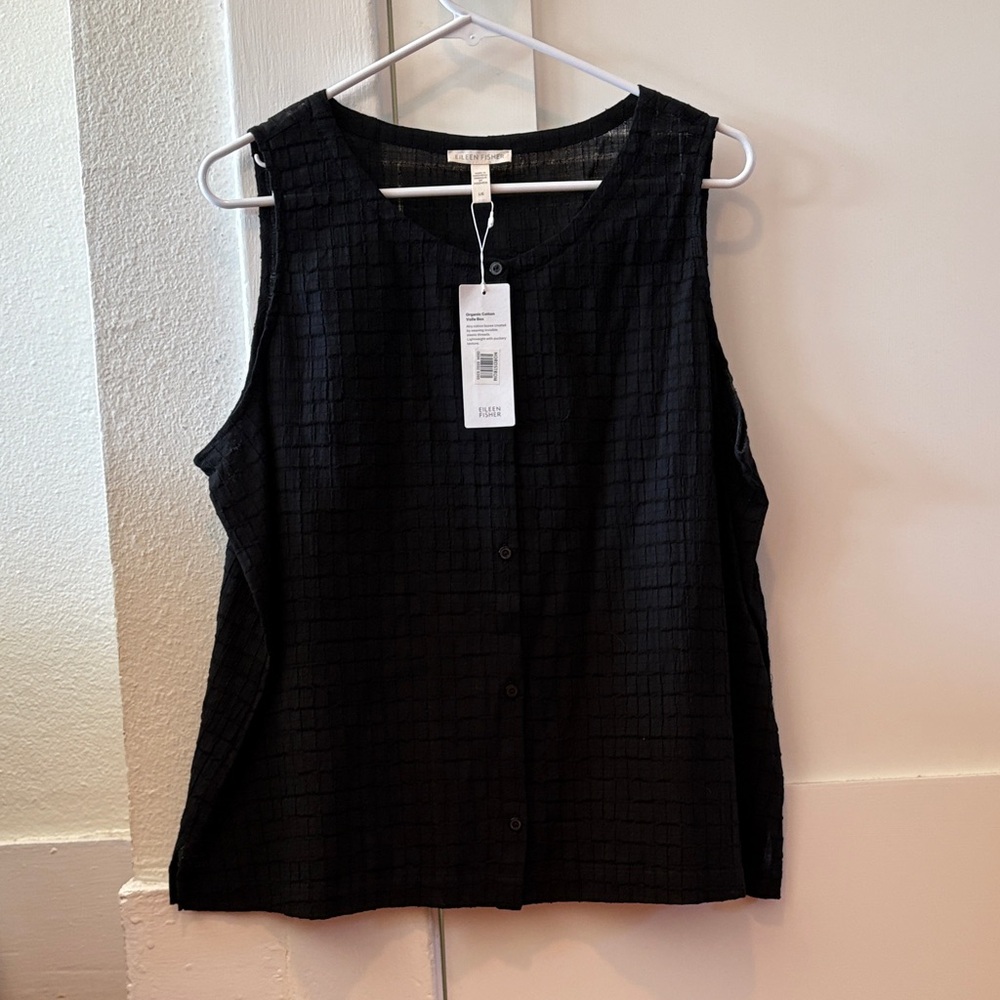 Eileen Fisher Black Textured Sleeveless Button-Front Tank